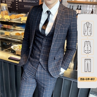 New suit men's three-piece suit spring and autumn Korean version of self-cultivation plaid small sui