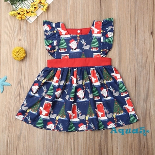 AQQ-Toddler Girls Christmas One Piece Dresses Santa Christmas Tree Elk Patterns Dresses for Party School Casual Wear
