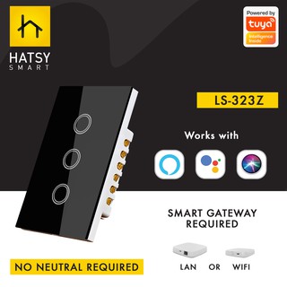 HATSY - 3GANG CLASSIC TOUCH SWITCH (BLACK), NO NEUTRAL REQUIRED, (ZIGBEE GATEWAY REQUIRED)
