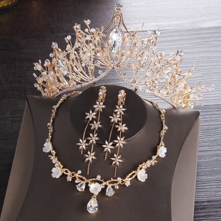 【Ready Stock】Korean Bride Gold Crown Necklace Earrings Three Suits Crown Wedding Dress Accessories Wedding Dress Hair Accessories