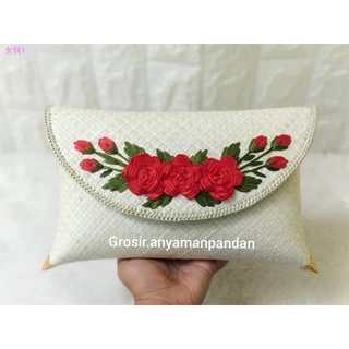 ☈☄Pandan Clutch Full White Flower Embroidery / Pandan Woven Wallet / Party Wallet / Pandan Wallet yA
