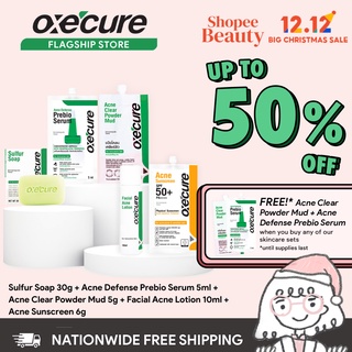 Oxecure Acne Defender System (Sulfur Soap, Prebio Serum, Acne Clear Powder Mud, Acne Sunscreen) (1)
