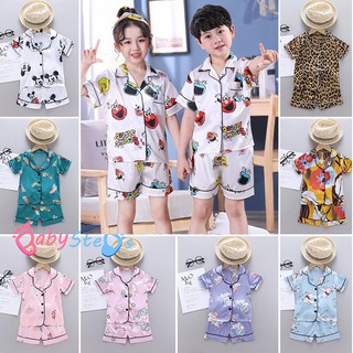 Baby Steps Ready Stock Baby Terno Pajama For Kids Boys Girls Silk Shirts+Shorts Sleeve Blouse Shorts (1)