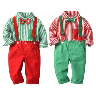 2Pcs Baby Boy Christmas Outfits Gentleman Bowtie Long Sleeve Stripes Shirt + Suspenders Pants Kids Party Costume Clothes Set