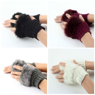 Winter Arm Fingerless Gloves Knitted Fur Trim Gloves Mitten