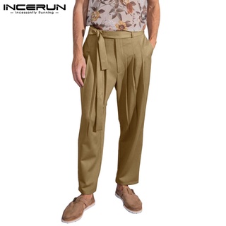 INCERUN Men Retro Style Pleated Casual Drawstring Solid Color With Belt Loose Harem Pants