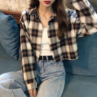 Korean style plaid loose shirt autumn cardigan Women's crop top