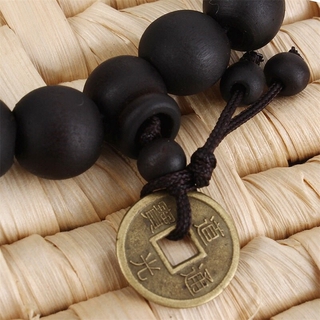 Black Fairy Peach Tree Copper Coin Beads Bracelet Black Wood Buddha Beads Buddhist Tibet Rosary Brac