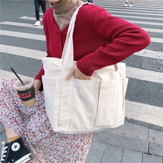 Korean version of ins lazy style multi-pocket canvas bag large capacity commuter one-shoulder tote bag
