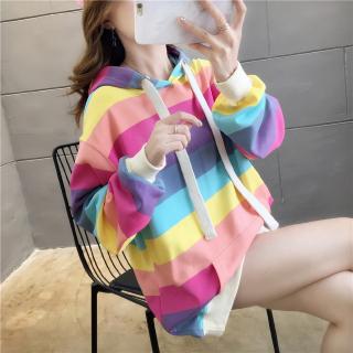 Womens Long Sleeve Rainbow Striped Hoodies Loose Thickened Colorblock Pullover Sweatshirts (1)