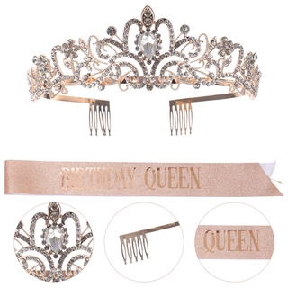 Birthday Girl Glitter Satin Sash Rhinestone Party Bridal Tiara Headband Wedding Crown+ Birthday Sash