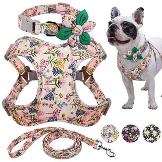Flower Printed Dog Collar Harness Leash Set Nylon Small Medium Large Dogs Harness Vest Collar Leashe