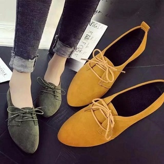 pointed shoe❖✸Women's Lace-up Flat Shoes Ladies Vintage Suede Pointed Shoes Korean Rubber
