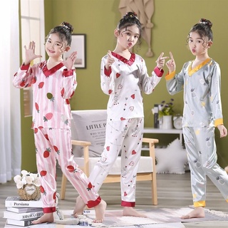 ❆┇♘Children's Pajamas Set Summer Girls Terno Long Sleeve Ice Silk Pyjamas Casual Homewear Sleepwear