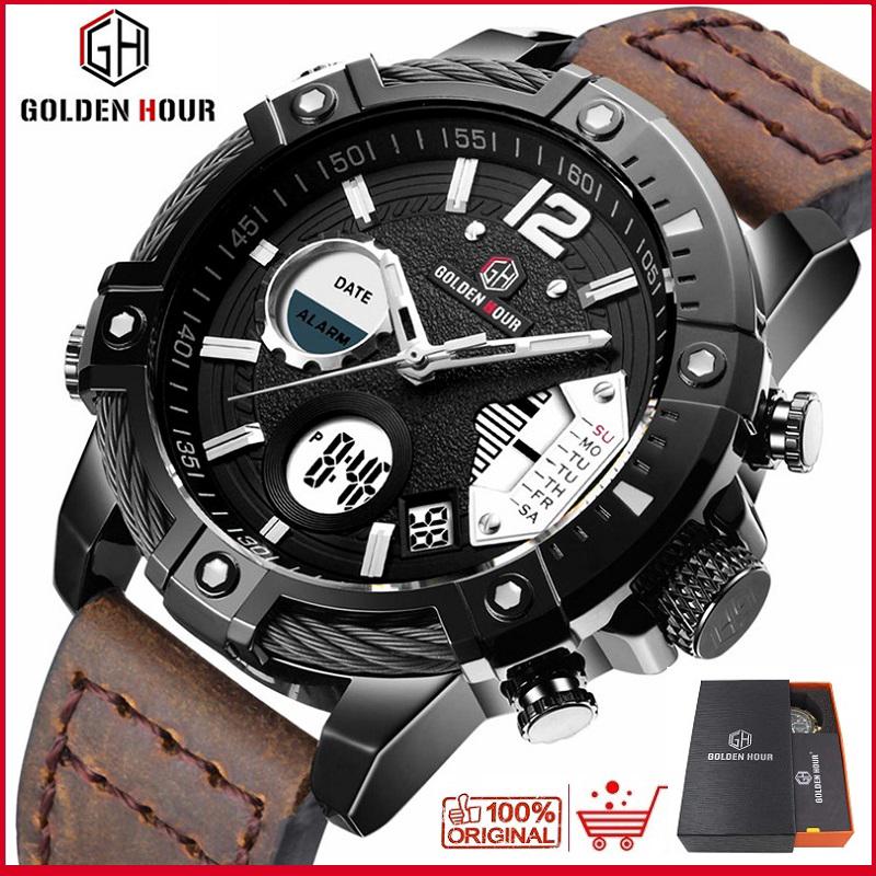 GOLDENHOUR Men Watch Luxury Waterproof Leather Quartz Military Sport Digital Watches Relo (1)