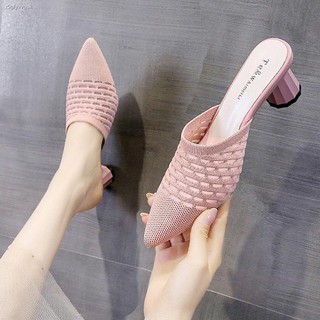 Low price◆❡Baotou half slippers female outer wear Korean knit mesh dressing shoes black pointed thic (3)