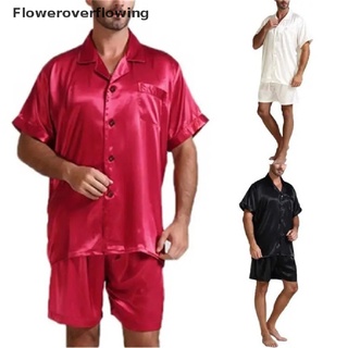 FOFI Men Silk Satin Pajamas Sets Soft Breathable Sleepwear Short Sleeve Tops Short HOT