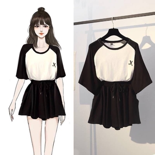 Outfit Girls' Korean-Style Color Panel Short SleeveTT-shirt Loose-Fit Skirts Formal skirt for women (1)