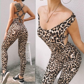 Fashion Women Leopard Printed Yoga Sports Fitness Overalls Bodysuit Sleeveless Backless Jumpsuit
