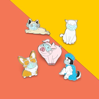 Wearing Masks Animals Enamel Pin Medical Brooch Cat Dog Pig Corgi Brooches Lapel Pins Cartoon Badge Jewelry Gifts