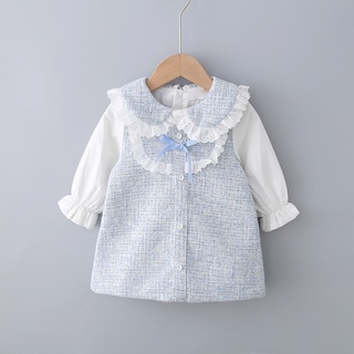 New Spring Baby Girls Sweet Bow Brim A Word Dress Lace Collar Delicate Princess Dress Kids baby girl
