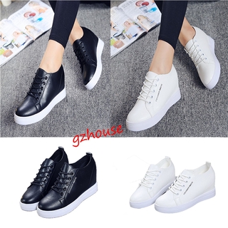 【Special offer】GZHOUSE 【Size35-39】Women PU Leather Hidden Wedge Lace Up Platform Sneaker Shoes