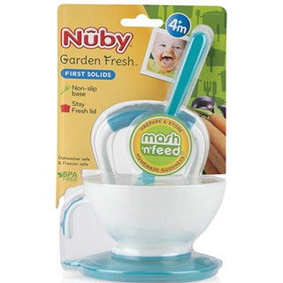 Authentic ** Nuby Garden Fresh Mash N' Feed Bowl with Spoon and Food Mash