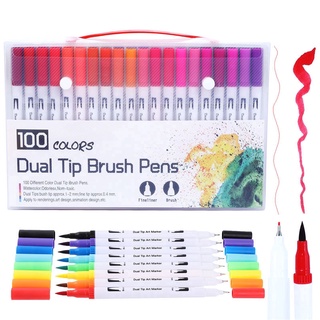 ✥100 PCS Colors FineLiner Dual Tip Brush Pen Drawing Painting Watercolor Art Marker Pens for Colorin