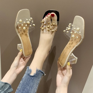 2019Roman Crystal Pearl Slippers Open Toe Clear Heel High Heels Sandals for Women Chunky Heel Slippe