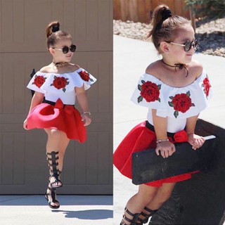 Toddler Baby Girls Off Shoulder Embroidery Rose Tops+Skirts Outfits