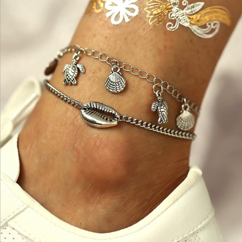 Silver Turtle Shell Tassel Anklets for Women Bohemian Ankle Bracelets Barefoot Sandals Foot Jewelry