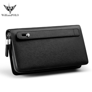 ☈WILLIAMPOLO Brand Men Clutch Bag Fashion Leather Long Purse Double Zipper Business Wallet Black Blu