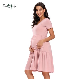 Women Short Sleeve Maternity Dress V-neck Casual Flowing Tunic Dress Pregnancy Clothes High Waist