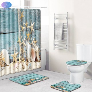 4Pcs/Set Conch Pattern Nonslip Toilet Pad Cover Bath Mat Flannel Shower Curtain