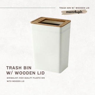White Minimalist Trash Can with Wooden Lid Nordic Trash Bin