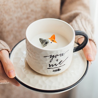 Cute Cat cup and saucer for Coffee creative Breakfast cup Ceramic Home Coffee ware cartoon milk Mug