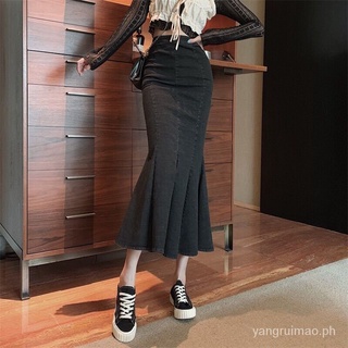 Hong Kong Style Retro Denim Skirt Women's Design High WaistaLine Skirt Ruffled Mid-Length Sheath Fishtail Skirt Hip Skirt Denim Skirt Long Denim Skirt Dress