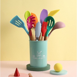 ❂﹍Kitchen Utensil Set, Silicone Cooking Utensils 12 Pcs Kitchen Tools with Natural Wooden Handles fo