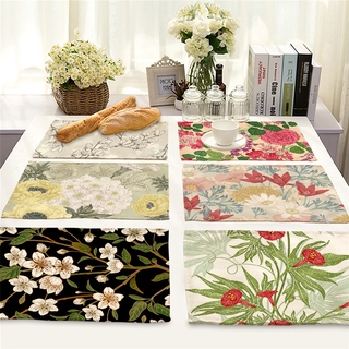 Floral Printed Placemats Washable Linen Woven Heat Insulation Non-slip Kitchen Table Mats