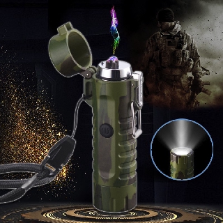 Green Flashlight Lighter Outdoor Waterproof Dual Arc Lighter Camouflage Green Rechargeable Zippo
