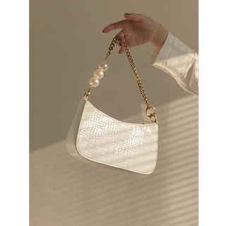 French Retro Crocodile Pearl Chain Shoulder Baguette Bag White/ Macaron Green/ Avocado Colours with Long Strap