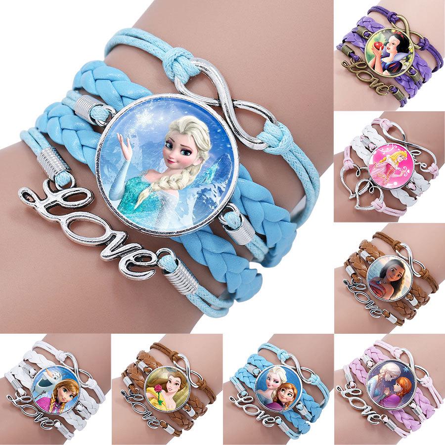 Frozen Elsa Anna Snow White Princess Love Handmade Woven Leather Bracelet