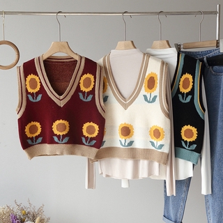 Knitted Vest 176063Women V-Neck Sunflower Flower Knit Sweater Vest (1)