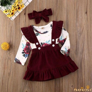 ✨QDA-Newborn Baby Girl Floral Romper Tops Strap Skirts Headband Outfit 3PCS Clothes set (9)