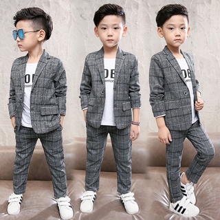 Boys Plaid 2 Pieces Suits Gray Jacket & Pants Clothing Set Kids Formal Birthday Party Gentleman Outf