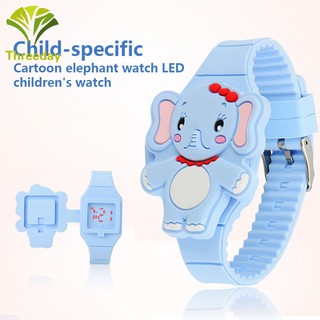 Girls Kids LED Electronic Watch Silicone Band Cartoon Elephant Flip Case Wrist Watch Lovely Gift