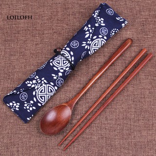 ◇lp Vintage Portable Wooden Chopsticks Spoon Cutlery Tableware with Storage Bag