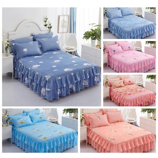 【COD+8Designs】Bed Sheet Elastic Bed Skirt Blue Pattern Double S Side Ruffle Skirt Soft Feel Bed Protector Queen SIze