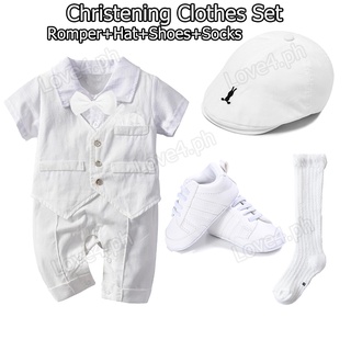 Baby Boy Kids Gentlemen Baptism Jumper White Suit Binyag romper + hat + shoes + socks 4pcs Set for Formal Party Wedding Christening baby boy