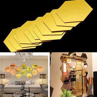 【Ele】12pcs 3D Mirrors Stickers Wall Decor Hexagon Removable Waterproof Self-adhesive Mirror Stickers Home (4)